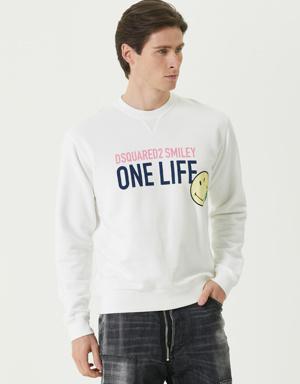 Cool Fit Smiley Beyaz Organik Pamuk Sweatshirt