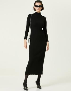 Siyah Dik Yaka Uzun Kol Midi Yün Elbise