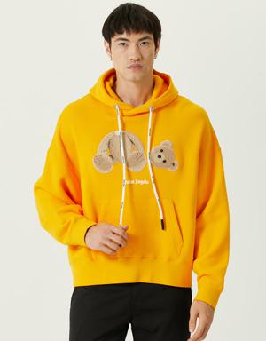 Sarı Kapüşonlu Ayıcık Baskılı Logolu Sweatshirt