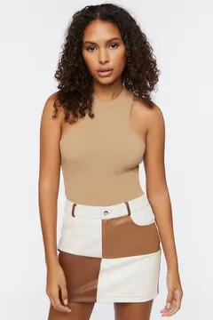 Forever 21 Forever 21 Faux Leather Colorblock Mini Skirt Brown/White. 2