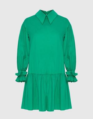 Collar Detailed Long Sleeve Mini Green Dress