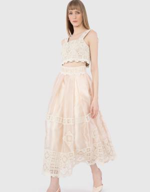 With Sliver Lace And Applique Detail Long Salmon Organza Skirt