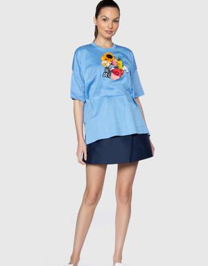 Embroidered Detailed Short Sleeve Blue T-Shirt