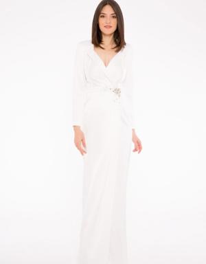 Long Ecru Evening Dress With Embroidery And Collar Detail