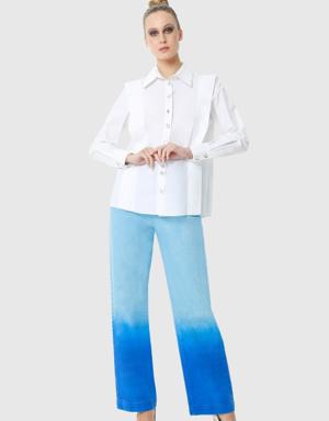 Crystal Button and Shoulder Detailed Poplin White Shirt