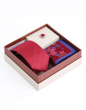 Kırmızı Düz Üçlü Yaka Rozeti Kravat Mendil Set