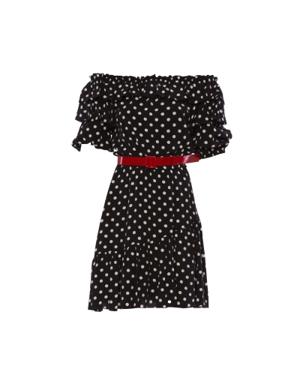 Frill Detailed Shoulder Elastic Belt Polka Dot Black Midi Dress