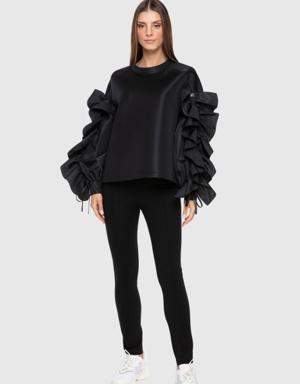 Ruffle Embroidered Contrast Garnish Black Sweatshirt