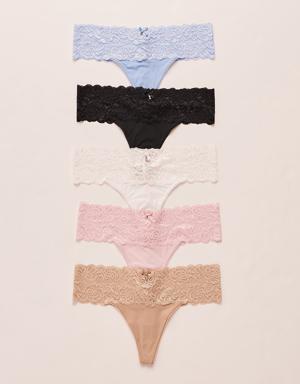5-Pack Microfiber and Wide Lace Band Thong Panty