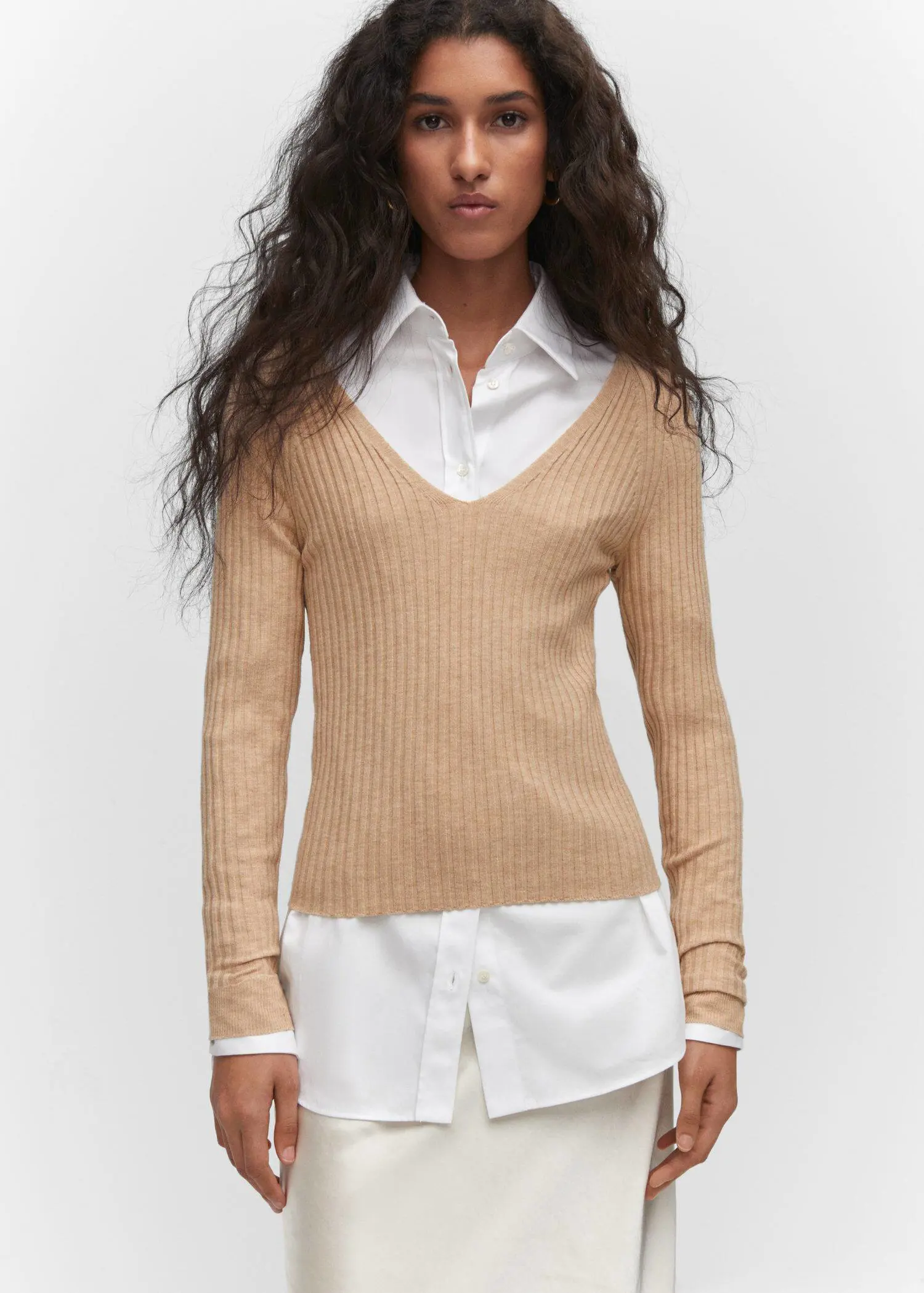 Mango V-neck ribbed knit sweater. 2