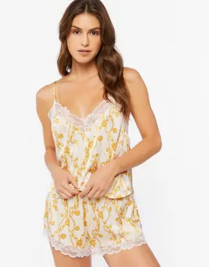 Forever 21 Chain Print Lace Trim Cami &amp; Shorts Set White/Yellow