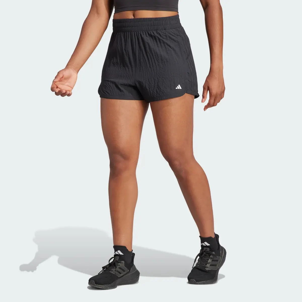 Adidas Pacer Training High-Waist Woven Seersucker 3-Stripes Shorts. 1