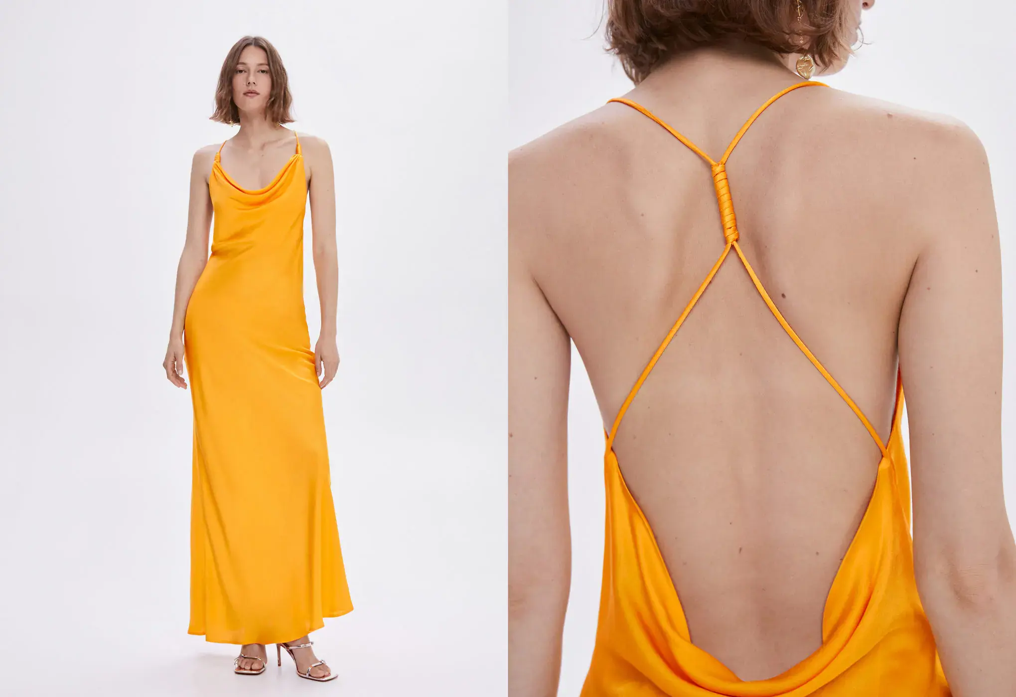 Mango Draped neck satin dress. a woman wearing a yellow dress with a criss-cross back. 