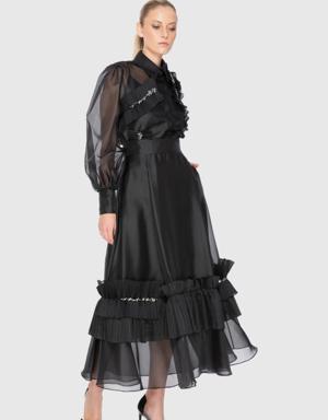 Ruffle And Embroidered Detailed Organza High Waist Skirt