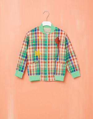 Colorful Knitted Green Plaid Jacket With Embroidery Detail