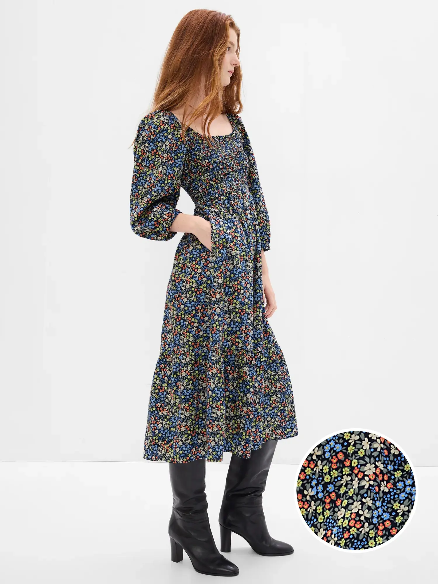 Gap Puff Sleeve Smocked Midi Dress multi. 1