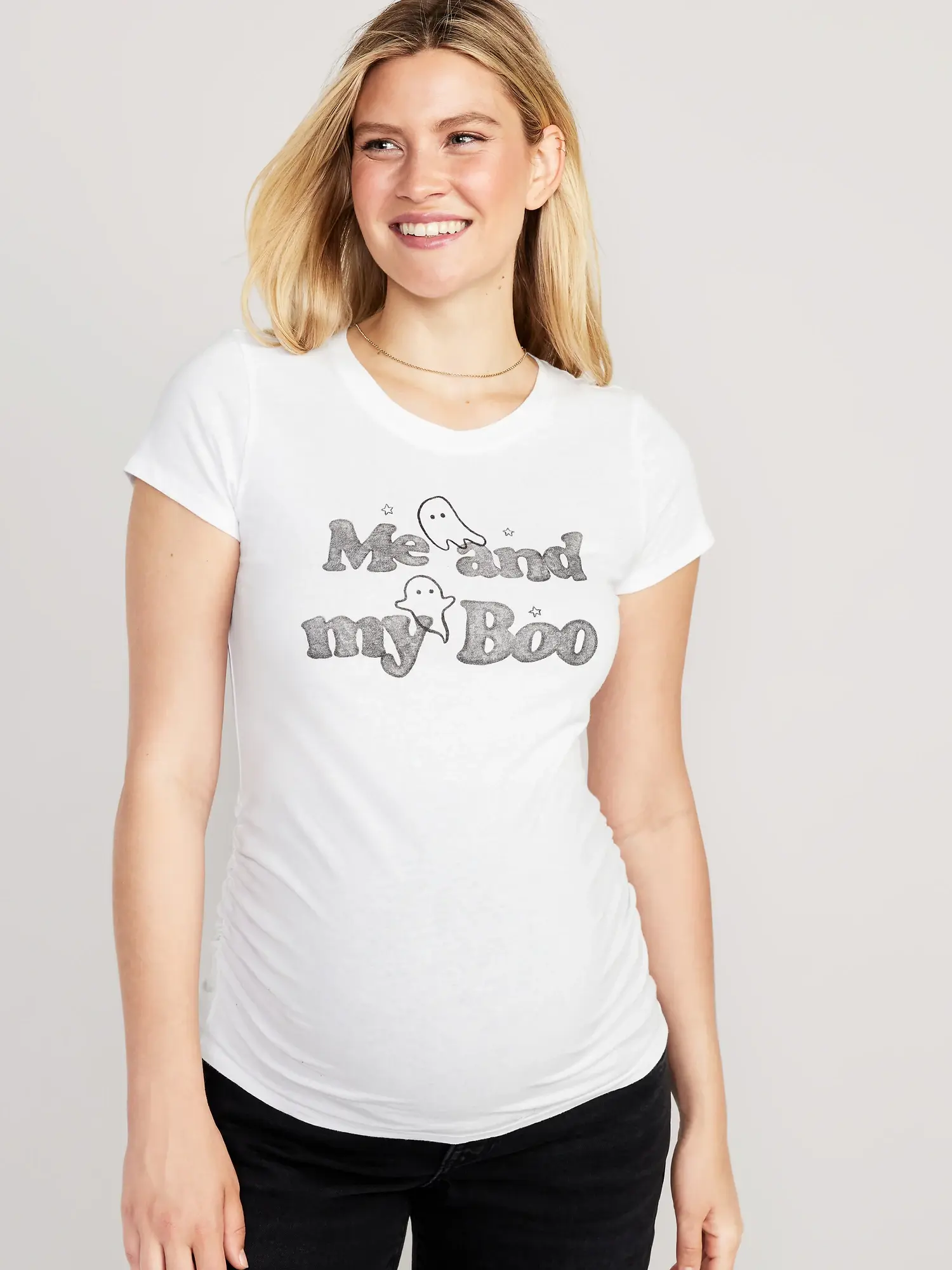Old Navy Maternity Halloween Graphic Side-Shirred T-Shirt white. 1