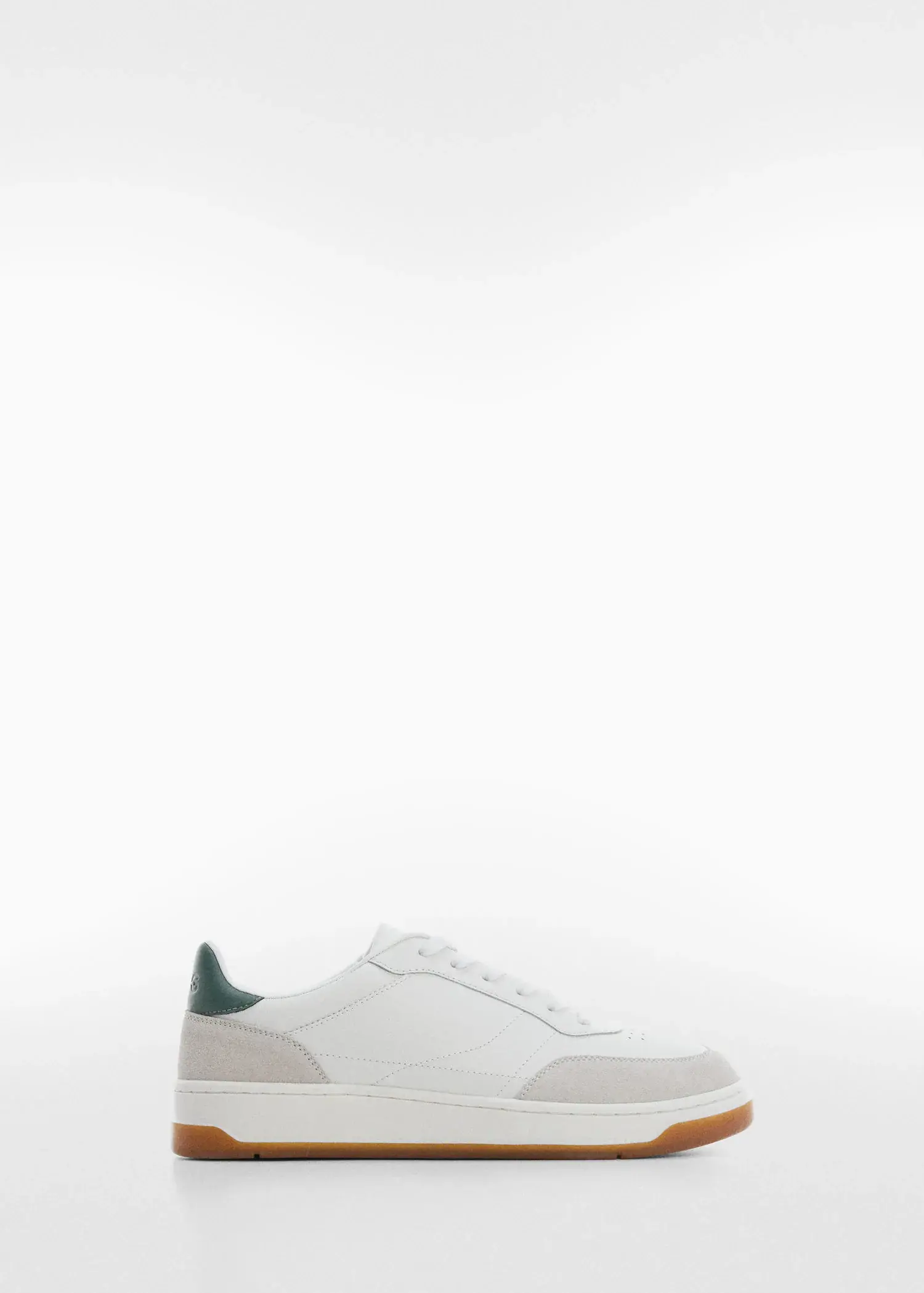 Mango Leather mixed sneakers. a pair of white shoes with a green sole. 