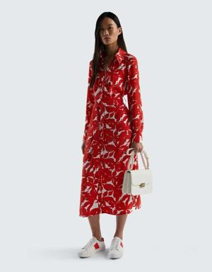 Kadın Kırmızı Mix %100 Viskoz Uzun Kollu Çiçek Desenli Elbise