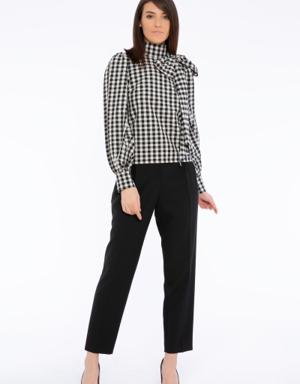 Tie Collar Checked Long Sleeve Black Blouse