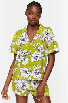 Forever 21 Forever 21 Floral Print Shirt &amp; Shorts Pajama Set Green Apple/White. 2