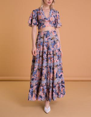 Tropical Patterned Flared Blue Skirt