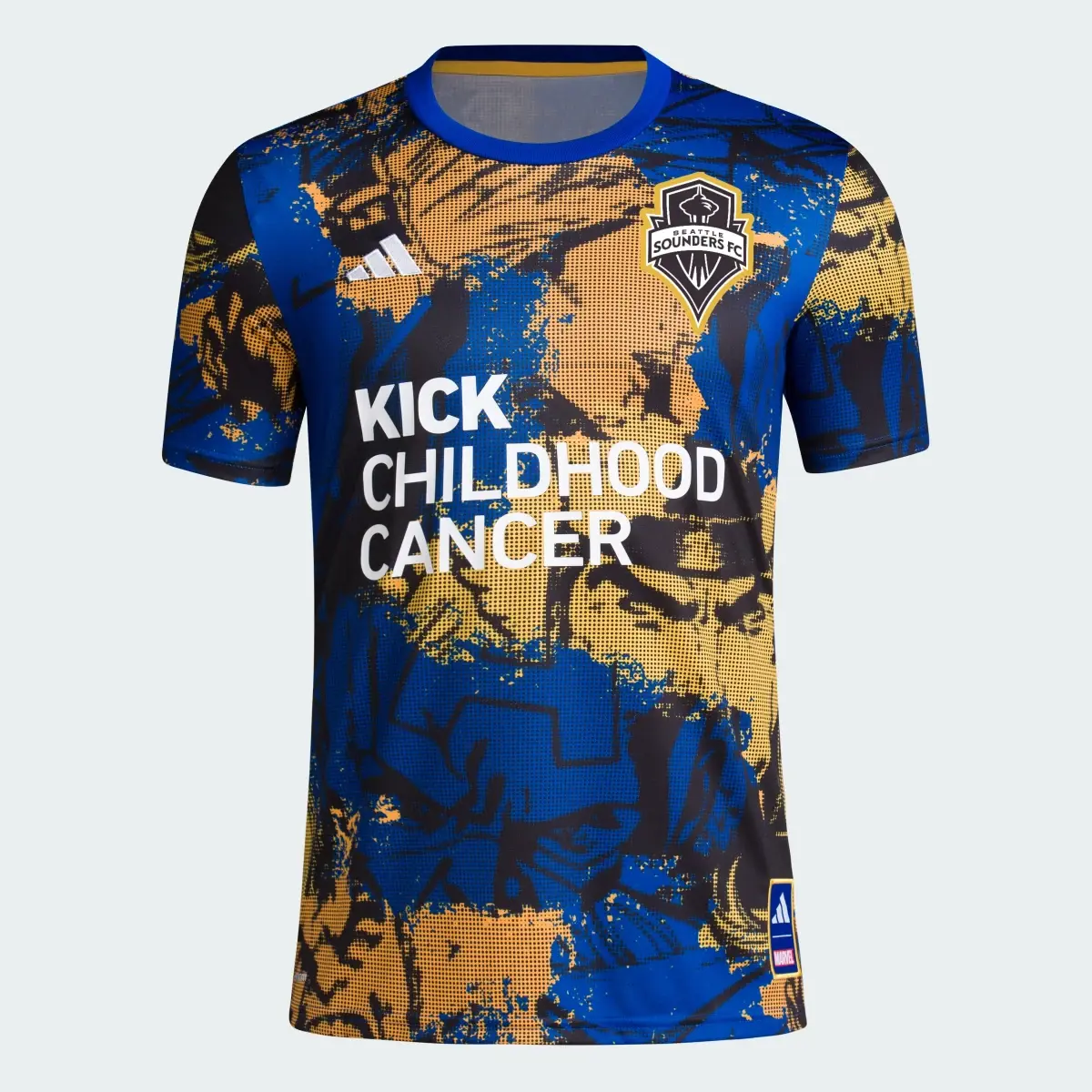 Adidas Seattle Sounders Marvel MLS Kick Childhood Cancer Pre-Match Jersey. 1