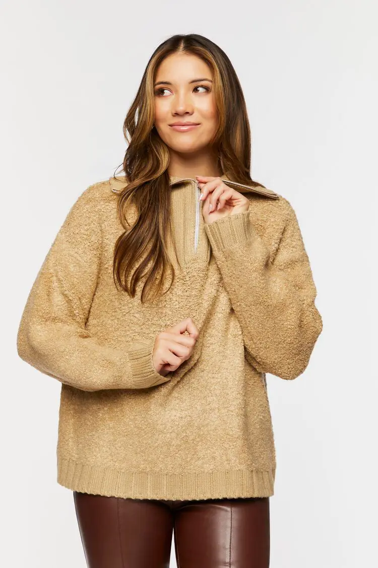 Forever 21 Forever 21 Fuzzy Half Zip Up Sweater Taupe. 1