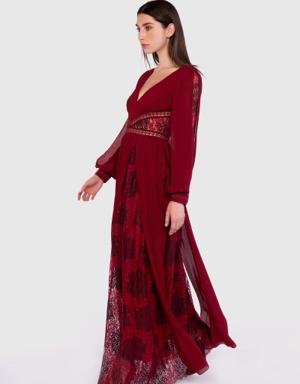 Lace Pleated Long Red Chiffon Dress