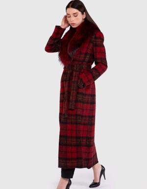 Fur Collar Plaid Red Cachet Coat
