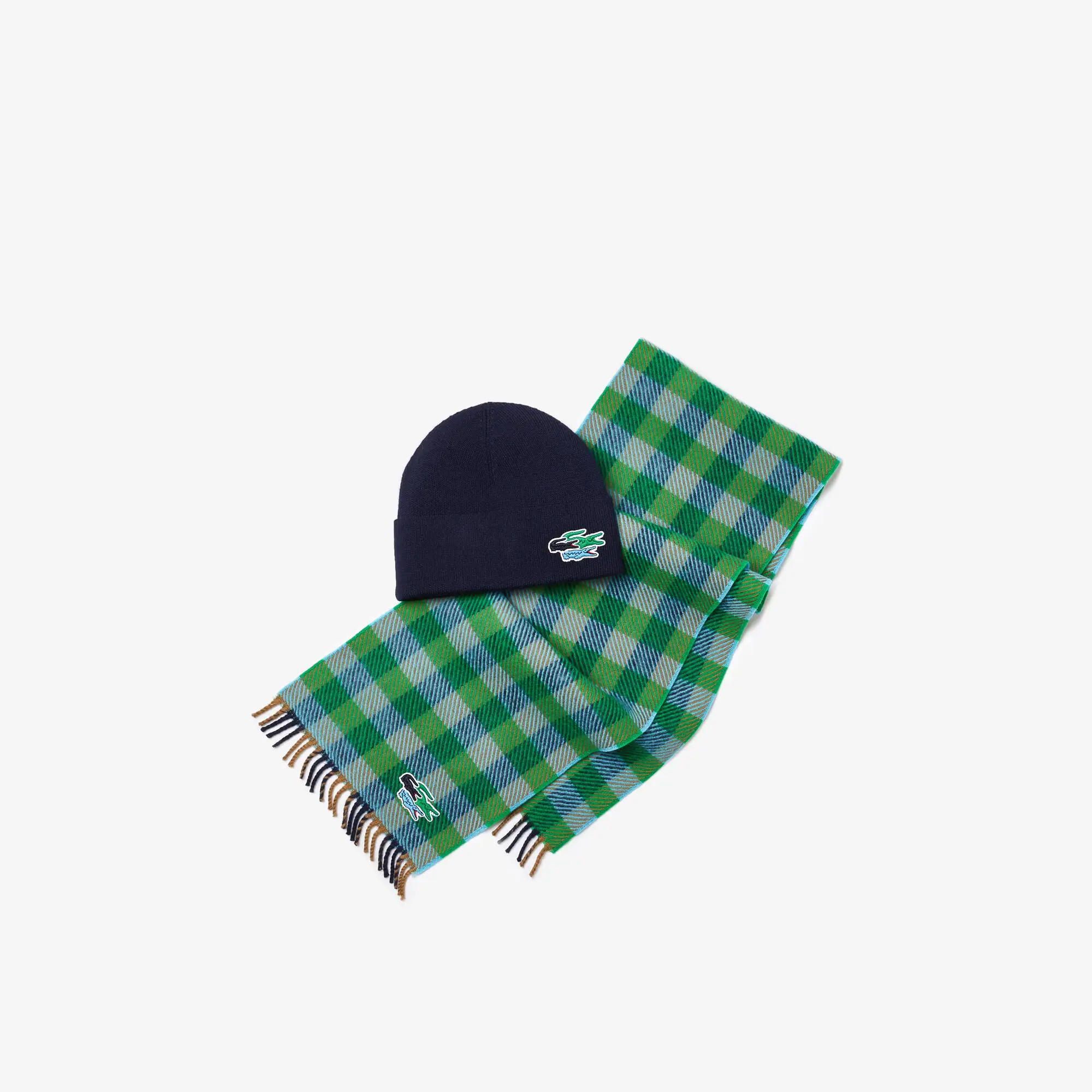 Lacoste Conjunto de bufanda y gorro de lana merino con insignia de cocodrilos para hombre. 2