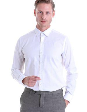 Beyaz Comfort Fit Uzun Kol %100Pamuk Desenli Casual Gömlek