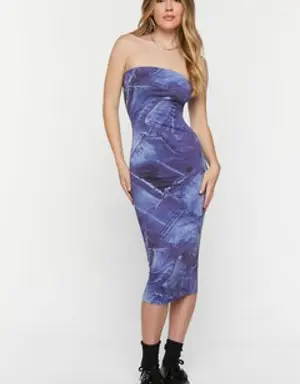 Forever 21 Denim Print Midi Tube Dress Blue/Multi