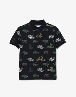 Kids' Lacoste Holiday Comic Effect Crocodile Print Polo Shirt