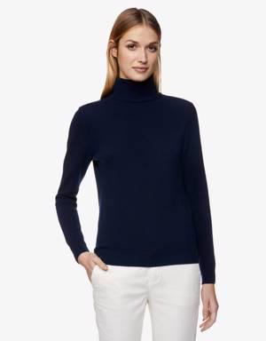 Dark blue turtleneck sweater in pure Merino wool