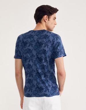Men’s O Neck Leaves-Printed T-Shirt TSSL21Y21302 INDIGO