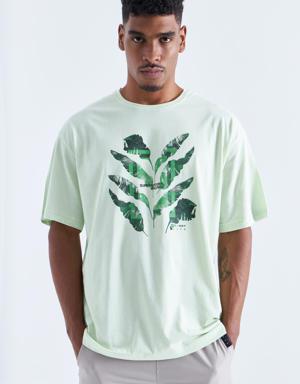 Açık Yeşil Büyük Baskılı O Yaka Erkek Oversize T-Shirt - 88092