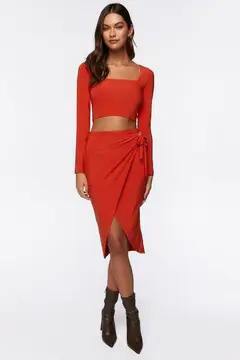 Forever 21 Forever 21 Crop Top &amp; Wrap Midi Skirt Set Orange. 2