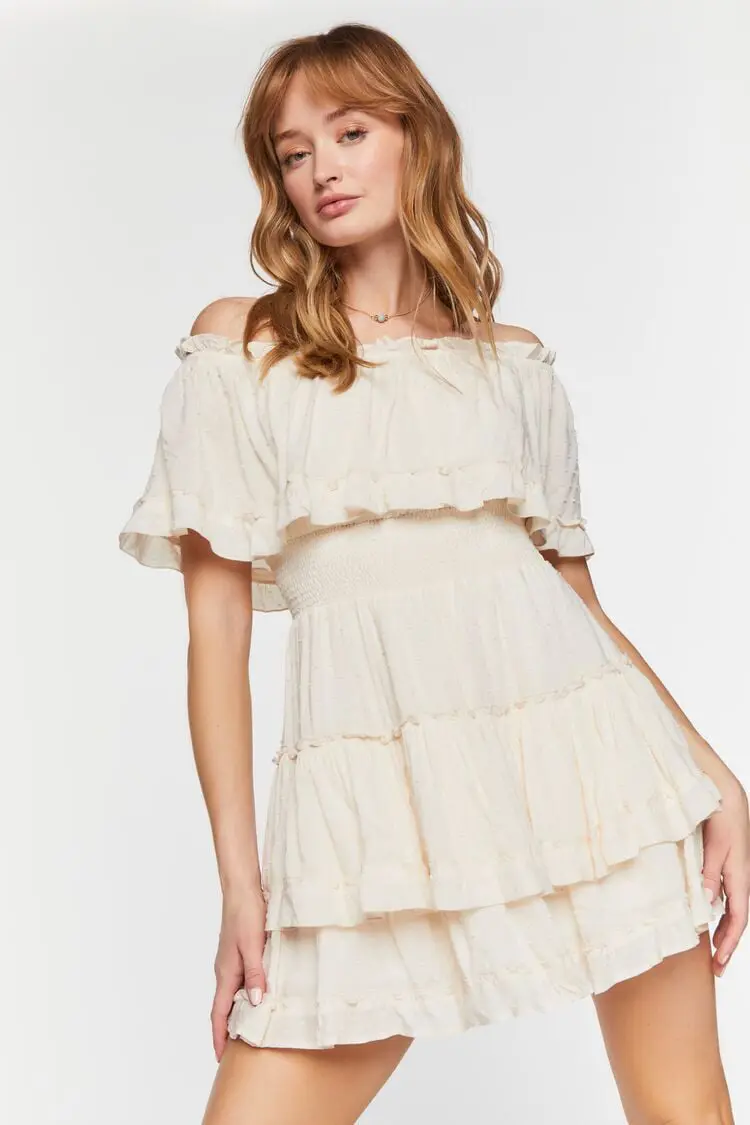 Forever 21 Forever 21 Tiered Off the Shoulder Mini Dress Ivory. 1