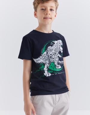 Lacivert Dinazor Baskılı Kısa Kol Standart Kalıp O Yaka Erkek Çocuk T-Shirt - 10865