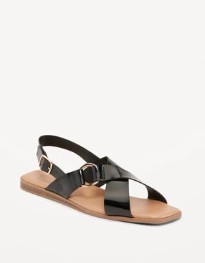 Faux-Leather Cross-Strap Buckled Sandals for Women black