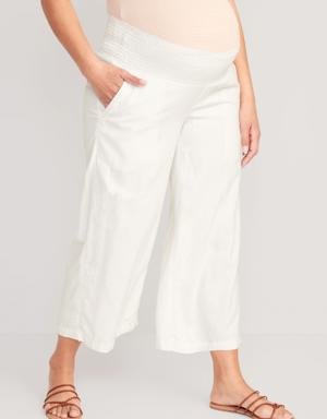 Maternity Linen-Blend Smocked-Waist Cropped Wide-Leg Pants white