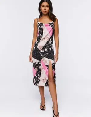 Forever 21 Patchwork Satin Midi Dress Black/Multi