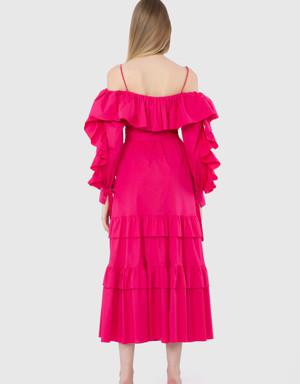 Low Sleeve Rope Strap Midi Pink Dress