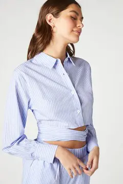 Forever 21 Forever 21 Pinstripe Tie Back Poplin Shirt Blue/White. 2