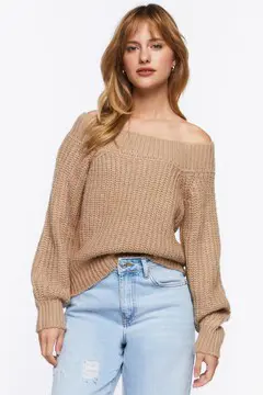 Forever 21 Forever 21 Purl Knit Off the Shoulder Sweater Khaki. 2