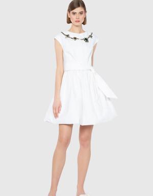 Embroidered Collar Detailed Mini White Dress