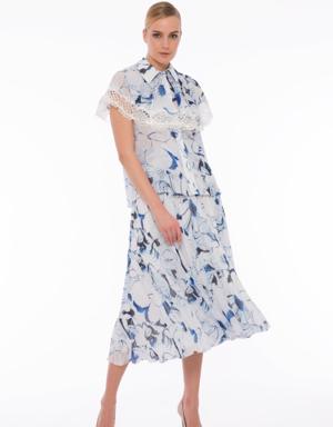 Floral Pattern Pleated Chiffon Blue Skirt