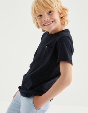 Lacivert Cep Detaylı Basic Kısa Kol O Yaka Erkek Çocuk T-Shirt - 10857