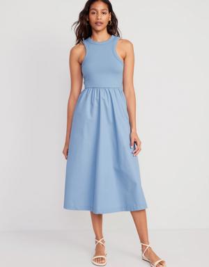 Fit & Flare High-Neck Combination Midi Dress for Women blue